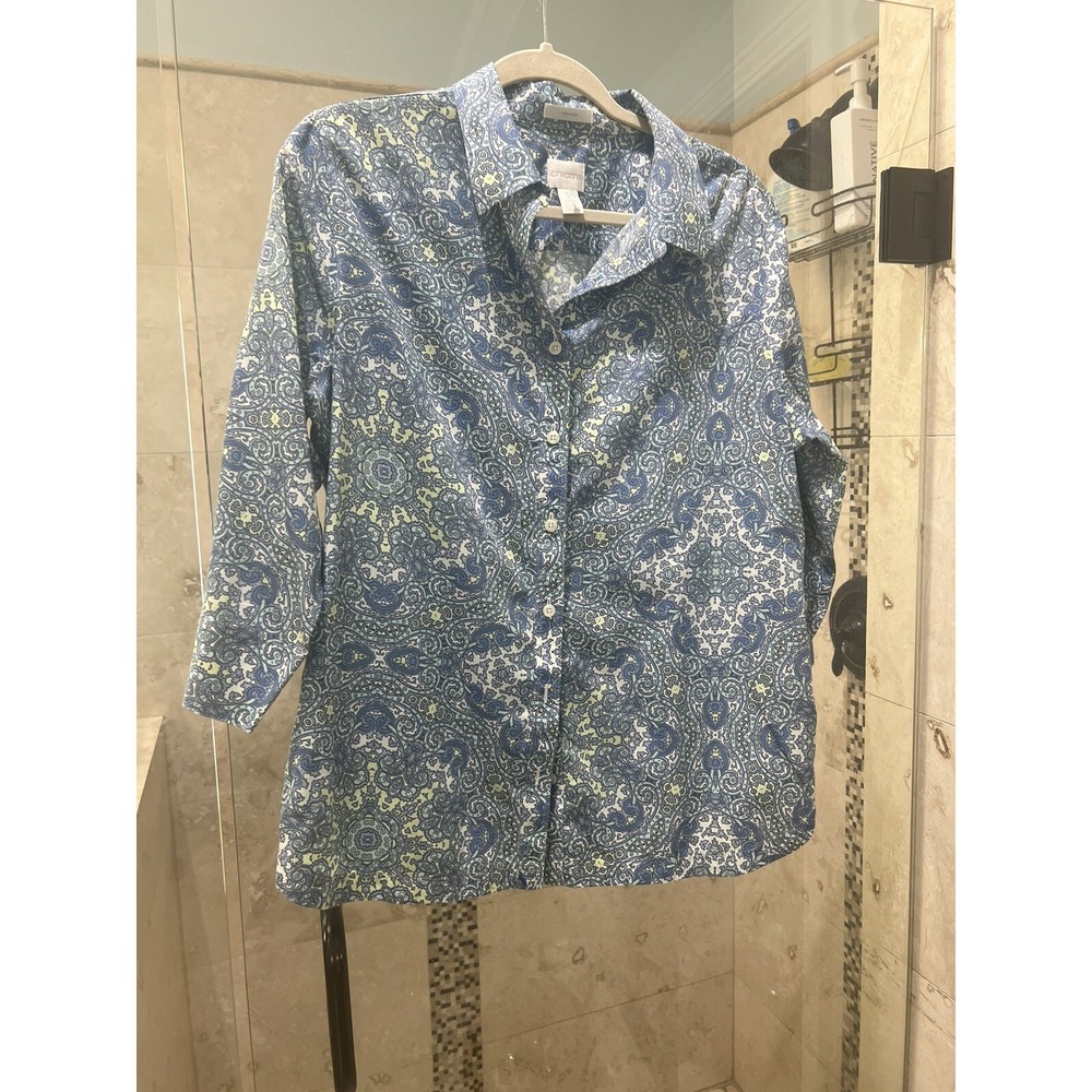 Chicos No Iron Cotton Button Front Blouse Blue Yellow Batik Paisley Size 2 L